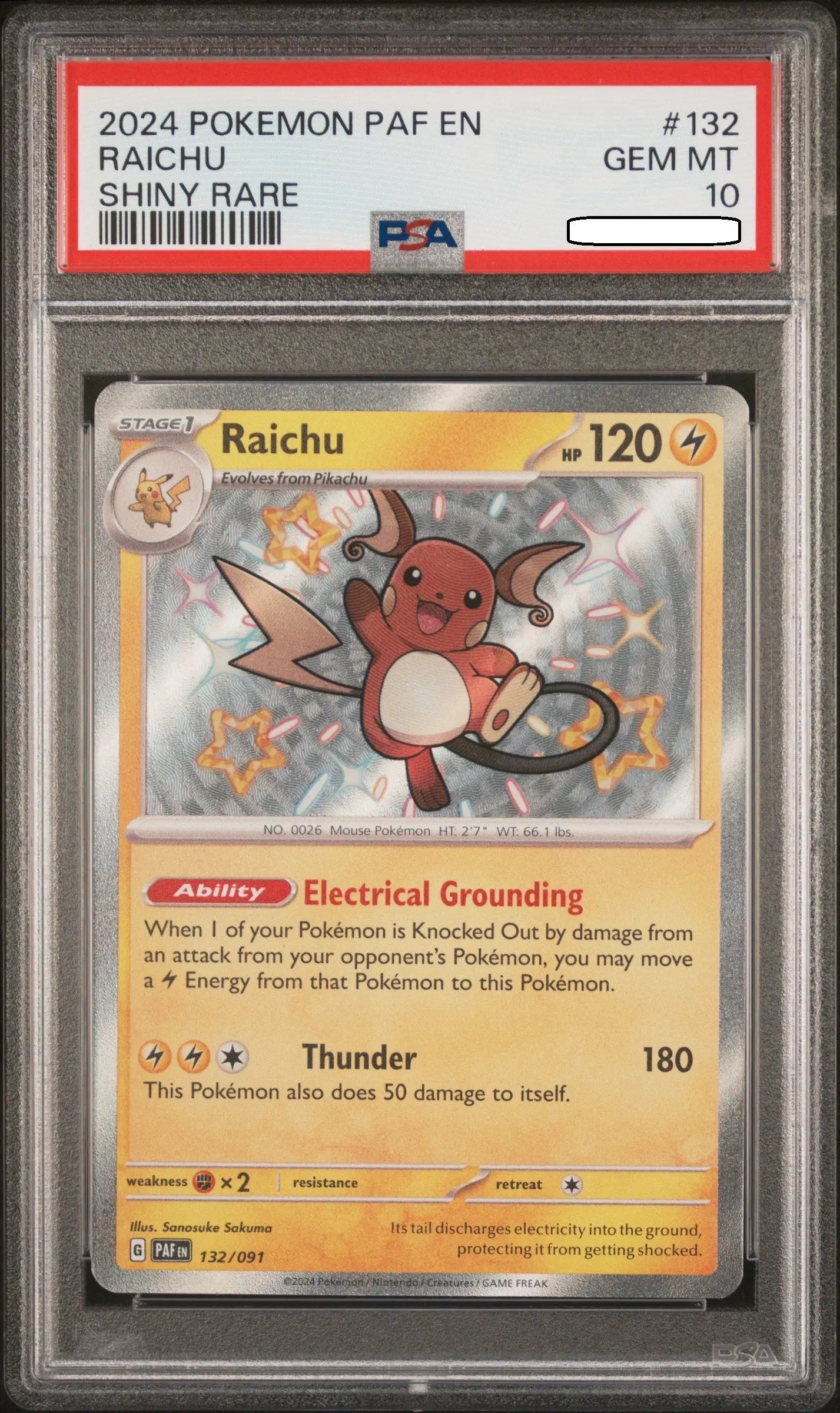 Pokémon - Raichu Shiny Rare 132/091 Paldean Fates - PSA 10 Gem Mint