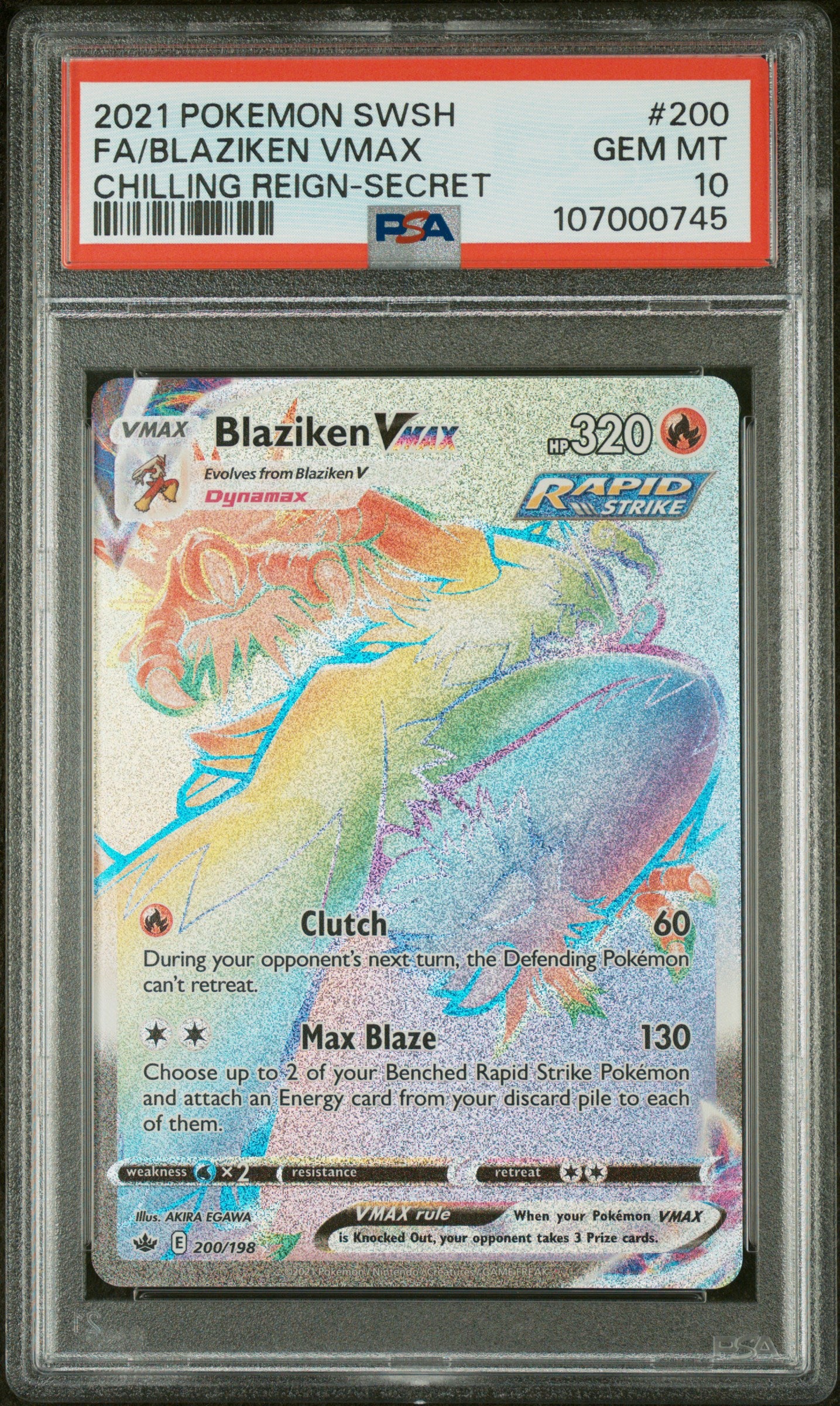 Pokémon TCG Blaziken VMAX 200/198 Secret Rare Rainbow Rare PSA 10 GEM MINT Chilling Reign Graded Pokémon Card Collectible Fire-Type Pokémon Card