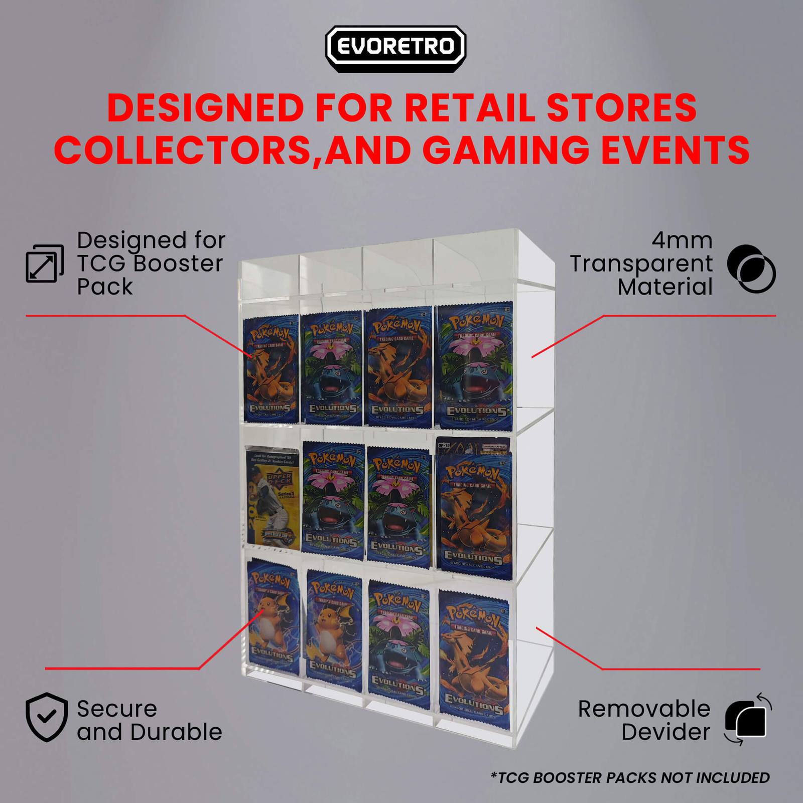 EVORETRO Acrylic Display Stand for Booster  DispenserPacks – Retail Counter Unit with Top Shelf EVORETRO Canada Card Protectors  Squirtle Squad Card Shop.