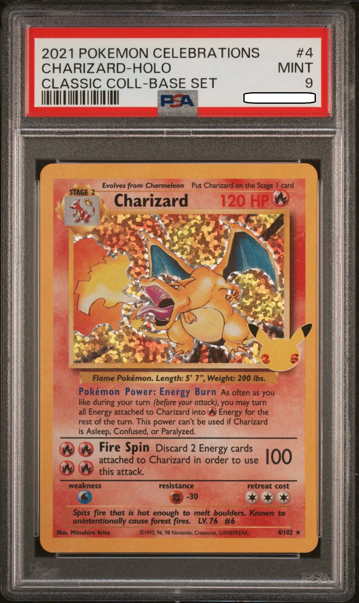 Pokémon TCG Charizard 4/102 Celebrations Classic Collection PSA 9 MINT Holo Rare Graded Pokémon Card Collectible Charizard Reprint
