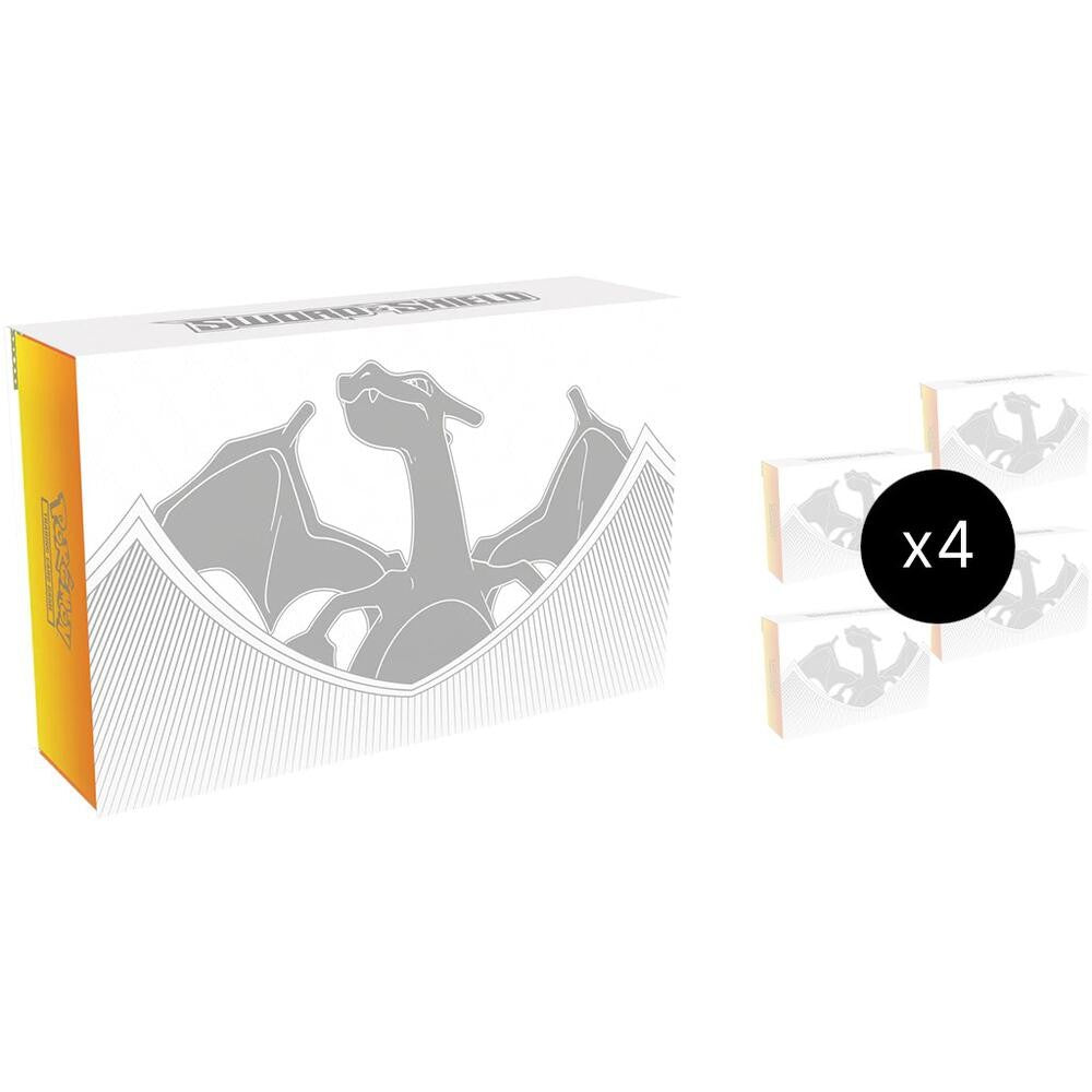 Pokémon Sword & Shield Charizard Ultra-Premium Collection case of four boxes, showing white and silver packaging with an x4 marker