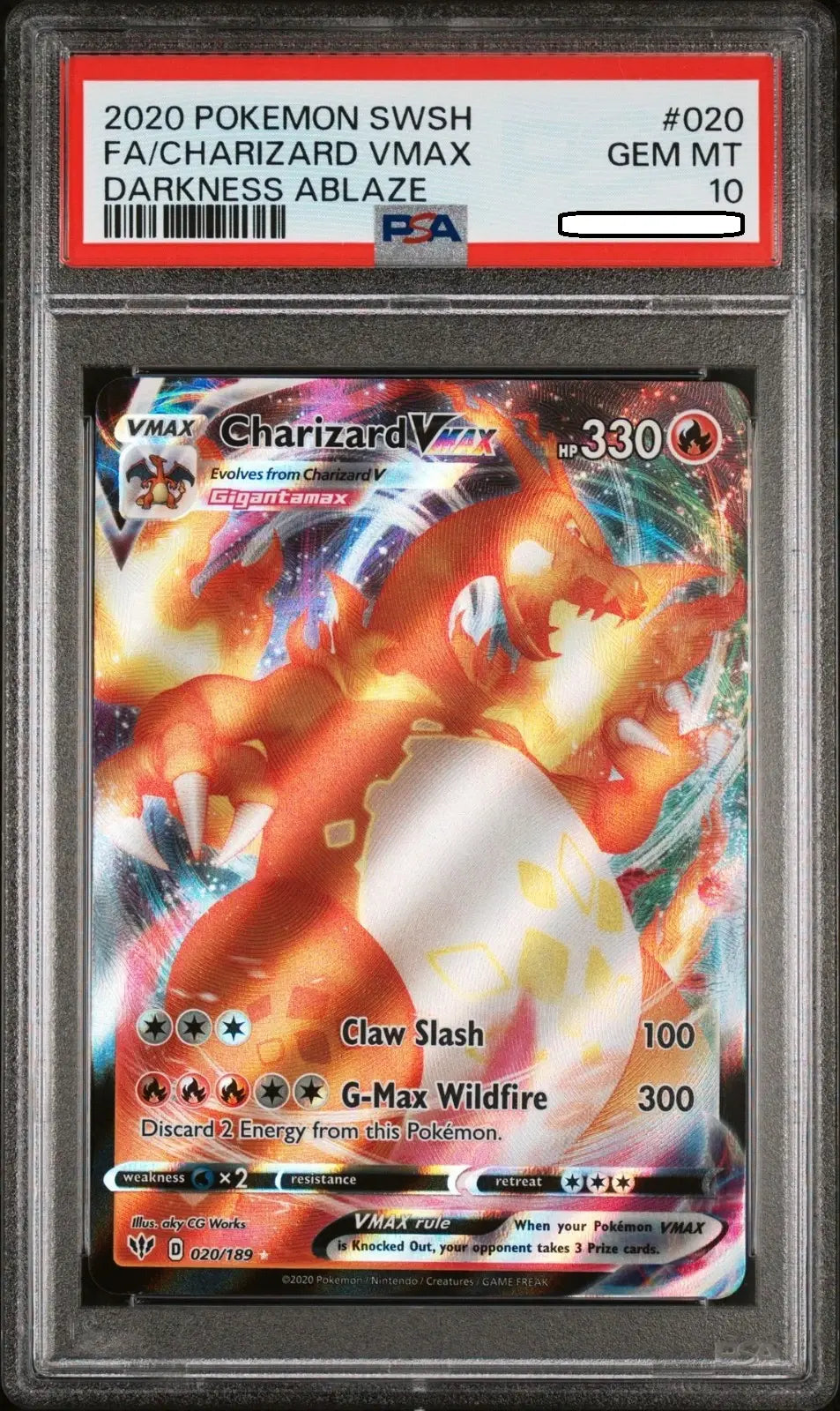 Pokémon TCG – Charizard VMAX 020/189 Holo Rare – Darkness Ablaze – PSA 10 Gem Mint