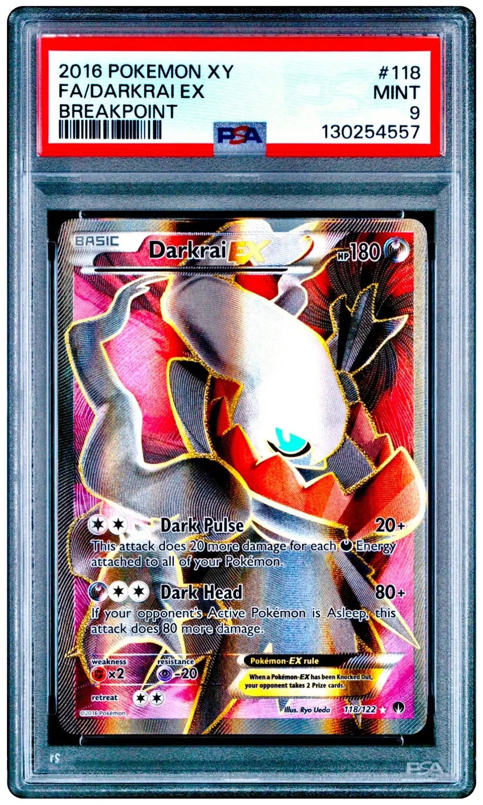 Representative photo of Darkrai EX 118/122 Full Art XY BREAKpoint PSA 9. Photo cert: 130254557. Card offered: cert 129109350.