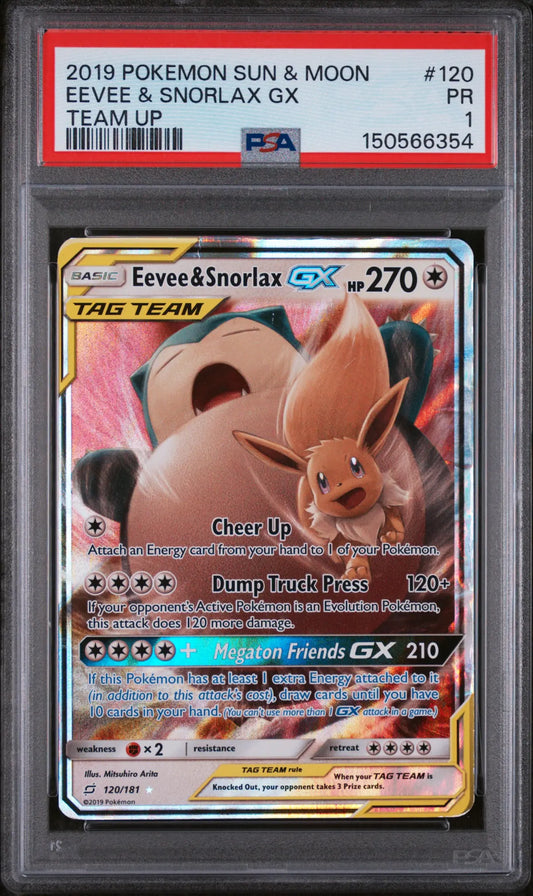 Eevee & Snorlax GX 120/181 Team Up PSA 1 cert 150566354