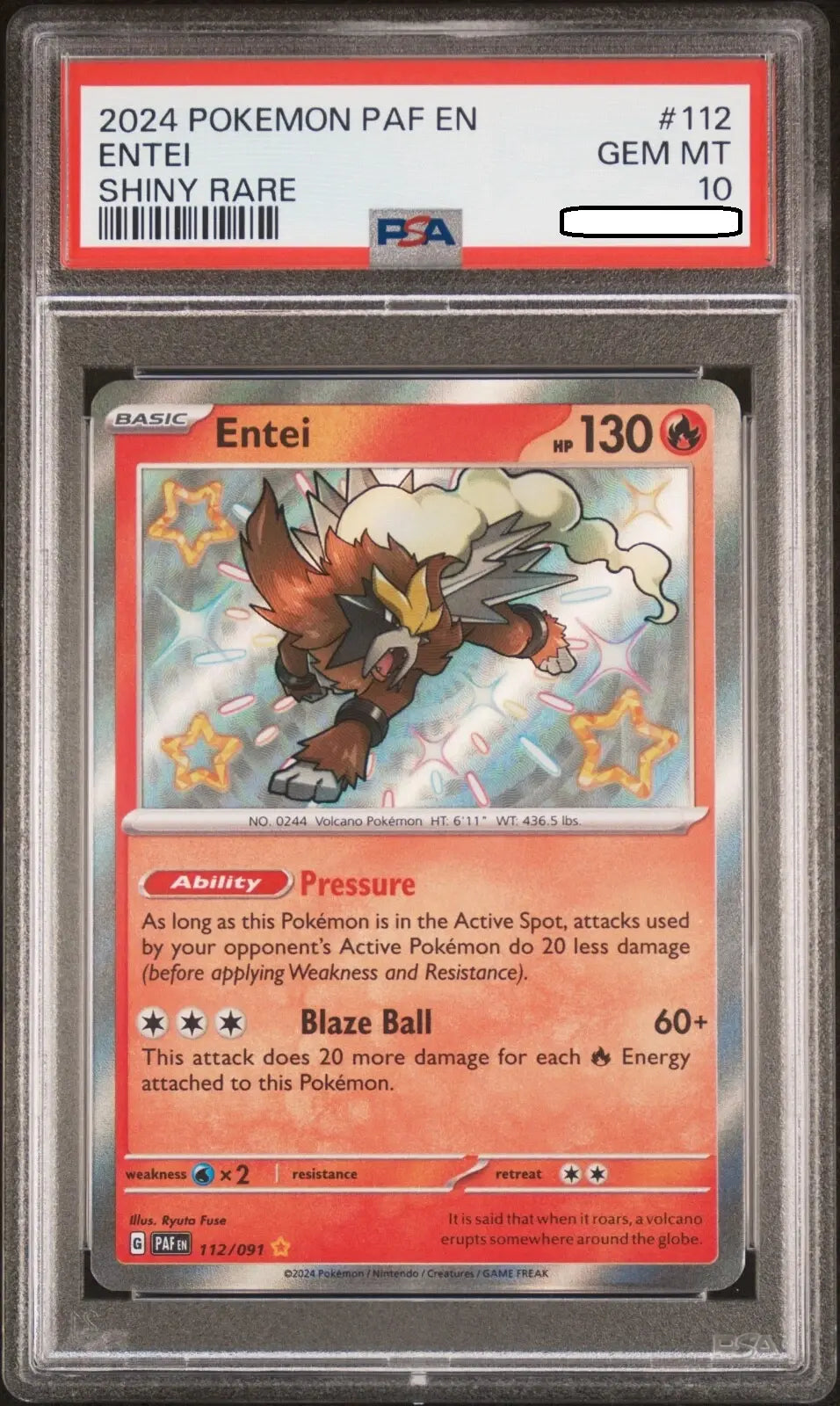 Pokémon TCG – Entei 112/091 Shiny Rare – Paldean Fates – PSA 10 Gem Mint