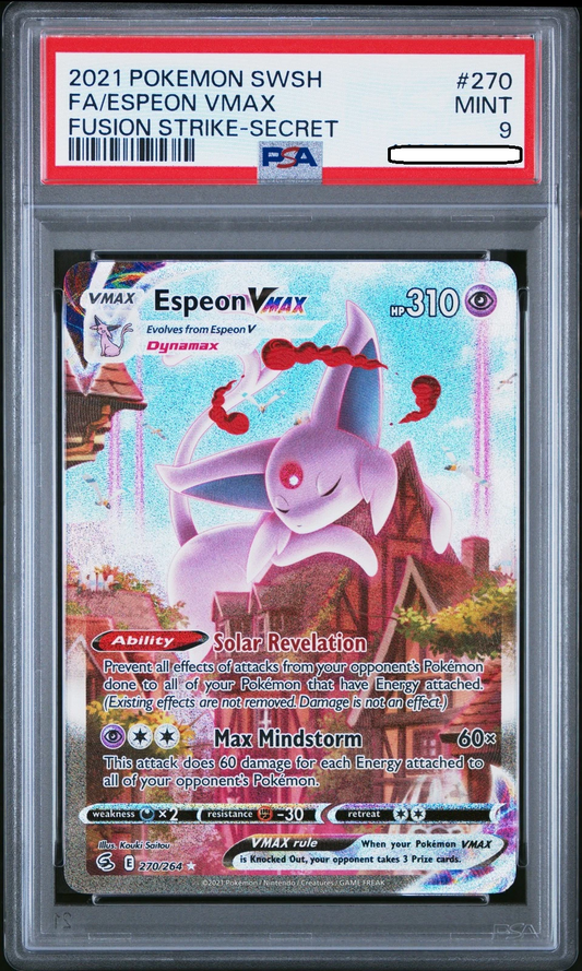 Pokémon TCG – Espeon VMAX 270/264 Secret Rare Rainbow – Fusion Strike – PSA 9 Mint Squirtle Squad Card Shop.   Squirtle Squad Card Shop.