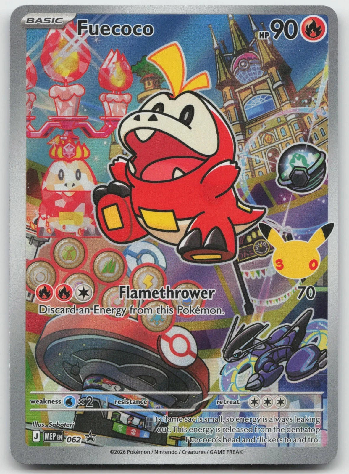 English Fuecoco 062 MEP Black Star Promo with full-art Paldea collage, Miraidon, and the Pokémon 30th anniversary stamp