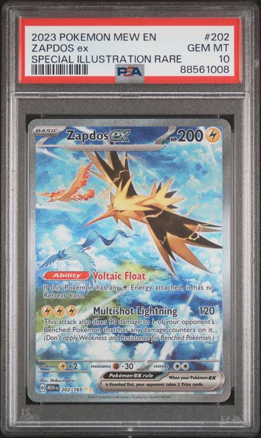 Pokémon Zapdos ex 202/165 PSA 10 Gem Mint - 2023 Mew EN Special Illustration Rare Squirtle Squad Card Shop.   Squirtle Squad Card Shop.