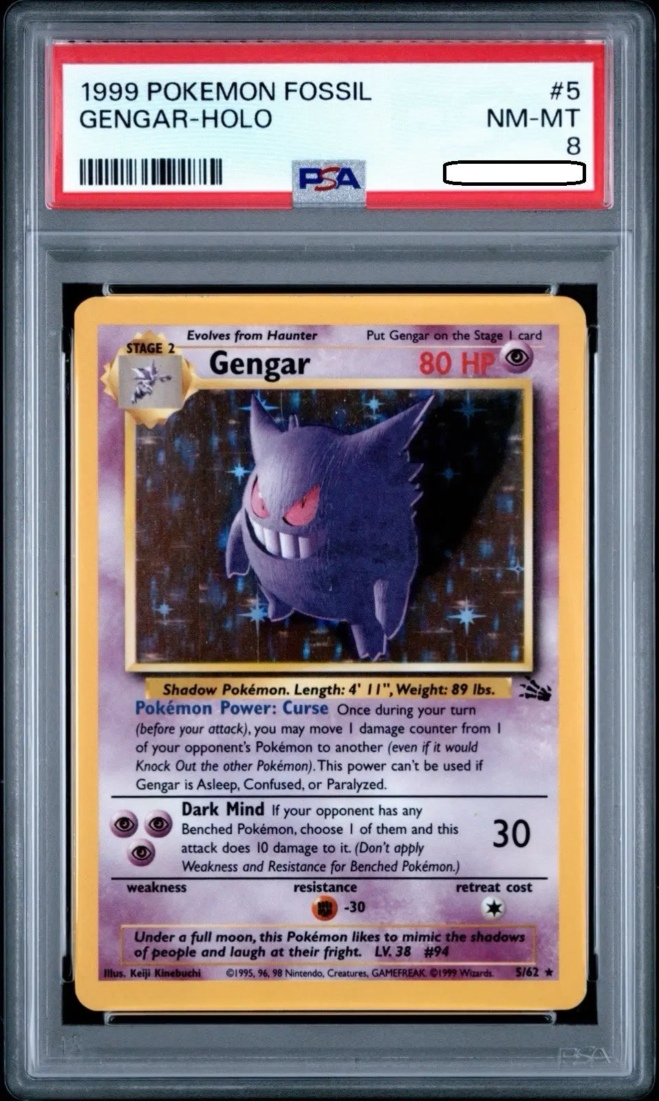 Pokémon TCG – Gengar 5/62 Holo Rare – Fossil – PSA 8 Near Mint-Mint