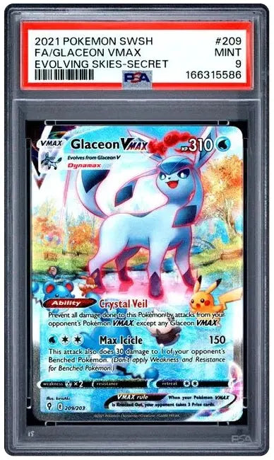 Representative photo of Glaceon VMAX 209/203 Evolving Skies PSA 9. Photo cert: 166315586. Card offered: cert 79381307.