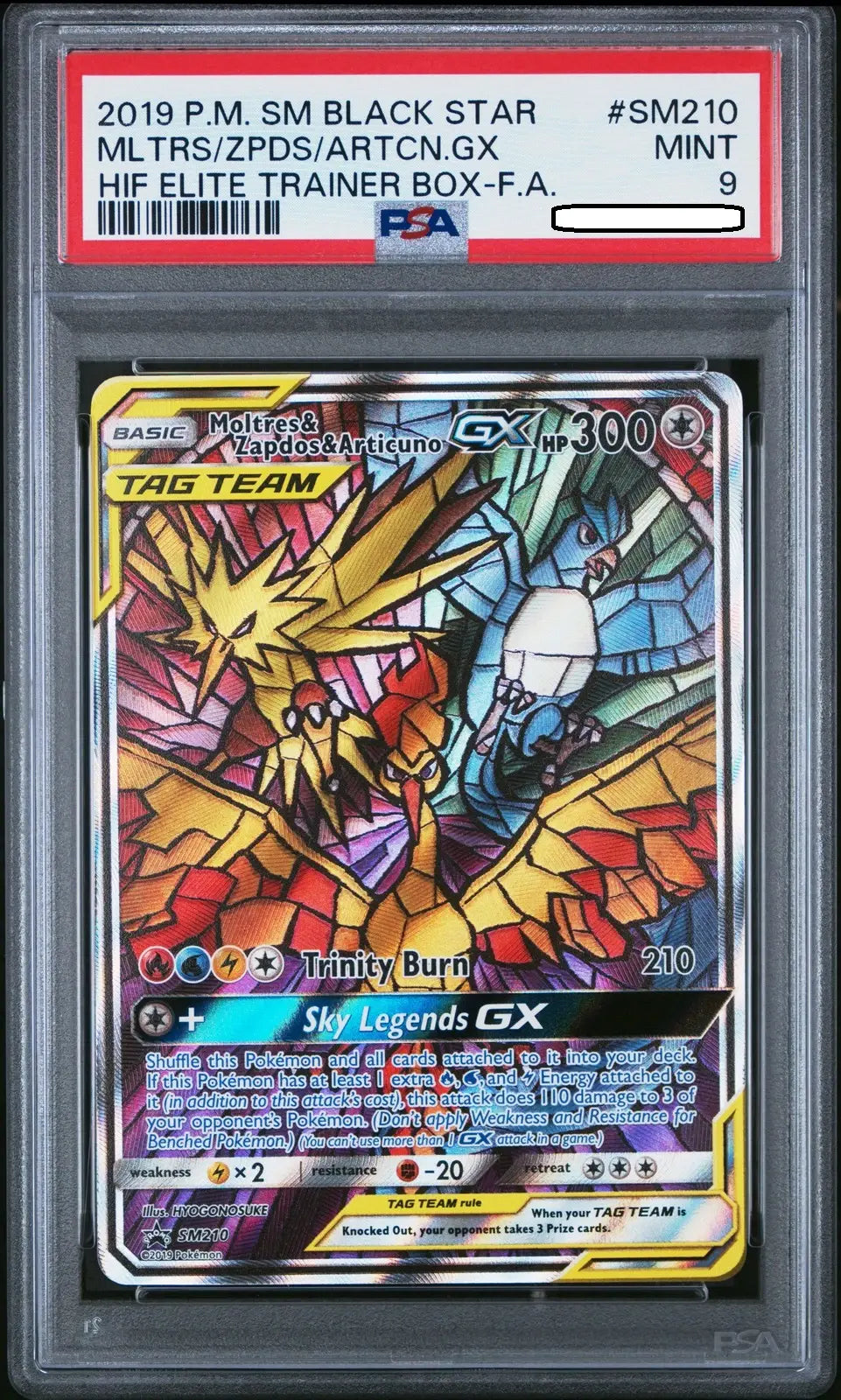Pokémon TCG – Moltres & Zapdos & Articuno GX SM210 Stained Glass Promo – Hidden Fates – PSA 9 Mint