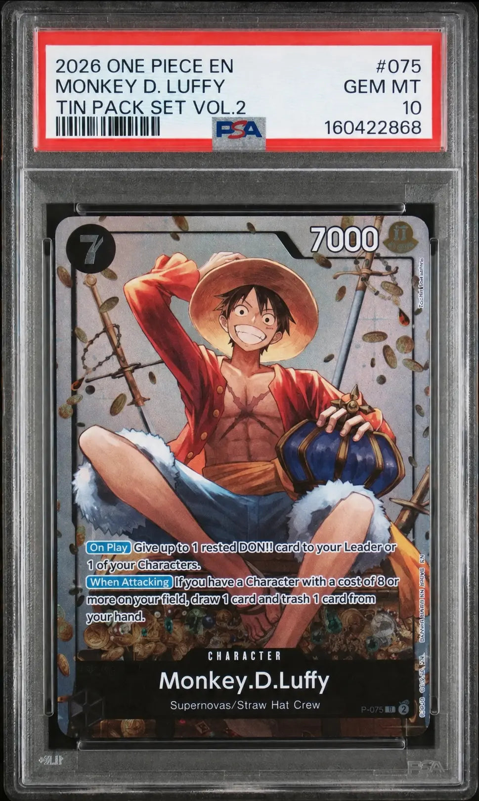 2026 One Piece Monkey D. Luffy P-075 Tin Pack Set Vol. 2 PSA 10 cert 160422868