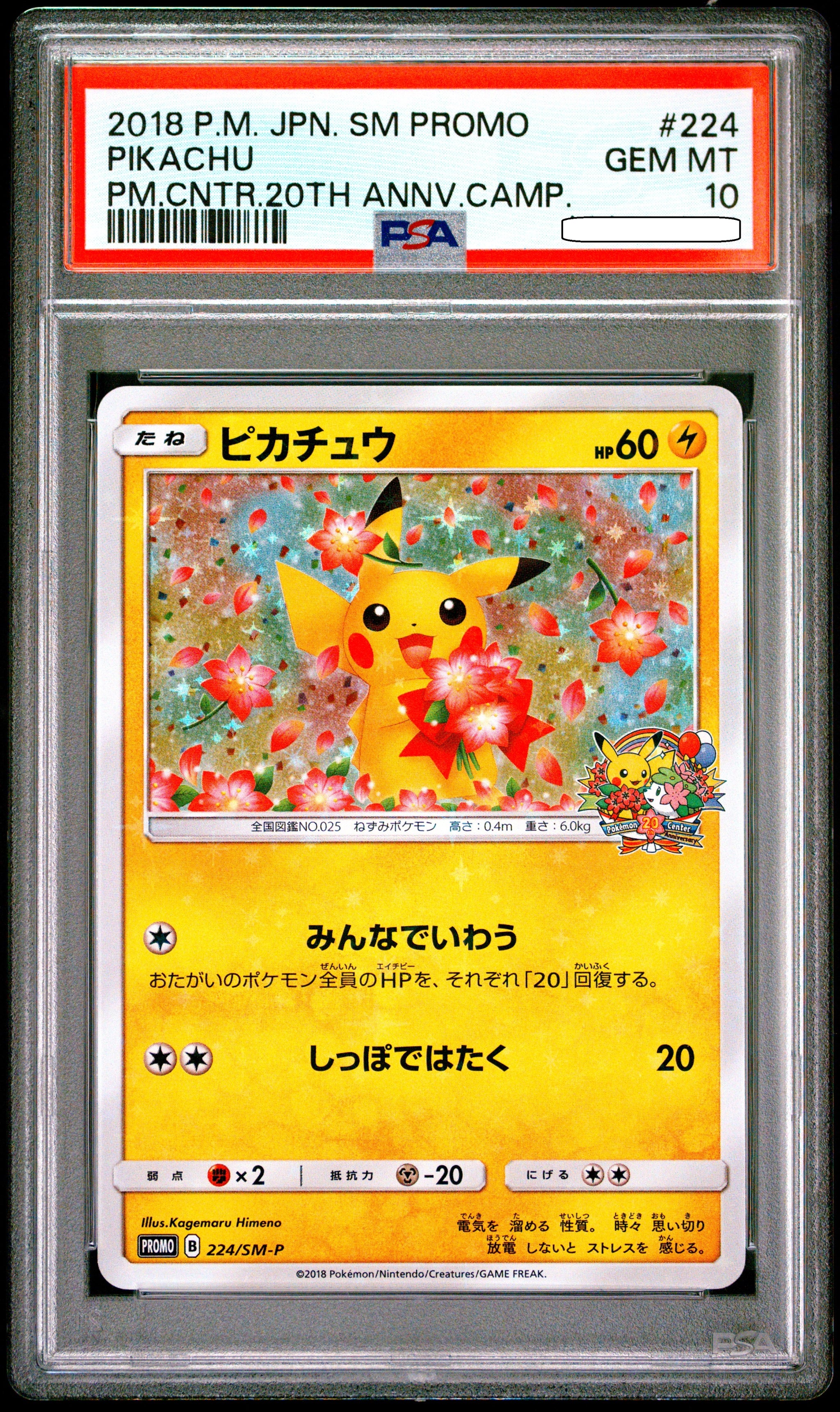 Pokémon TCG Pikachu 224 SM-P PSA 10 GEM MINT Japanese Promo Pokémon Center 20th Anniversary Campaign Cherry Blossom Pikachu Card