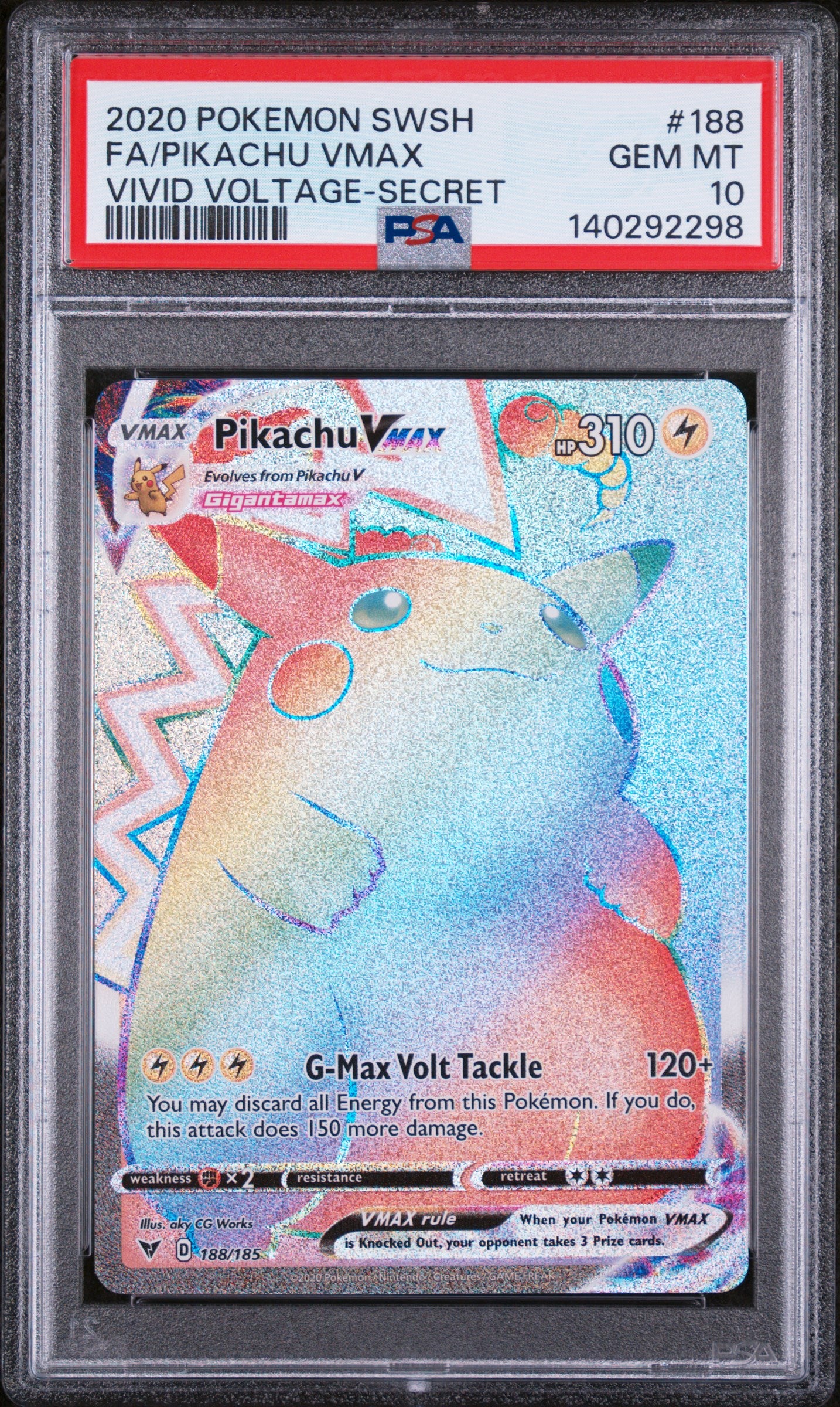 Pokémon TCG Pikachu VMAX 188/185 Secret Rare Rainbow Rare PSA 10 GEM MINT Vivid Voltage Graded Pokémon Card Collectible Rainbow Pikachu Card