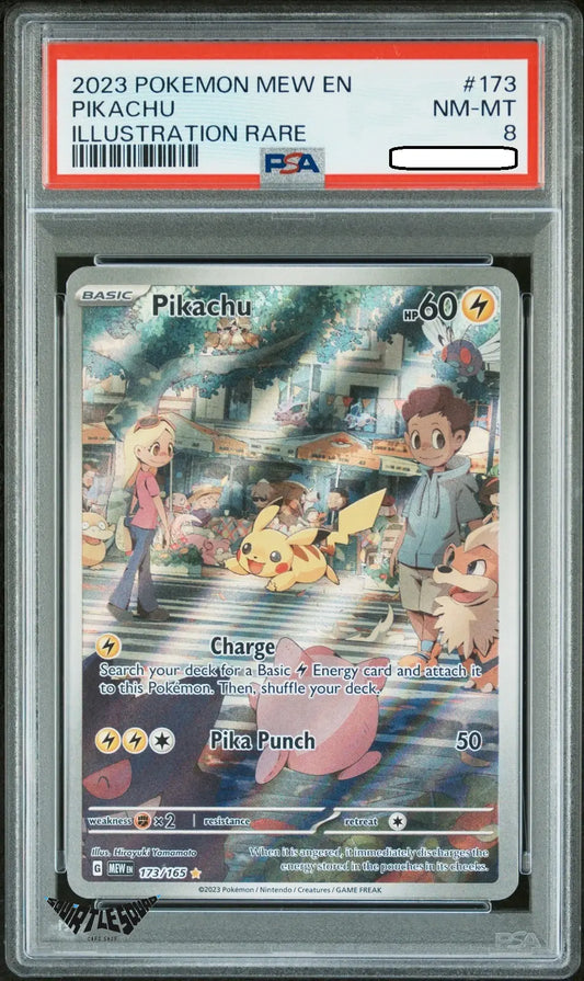 Pokémon TCG – Pikachu 173/165 – Scarlet & Violet 151 Illustration Rare Holo – PSA 8 Near Mint-Mint – 2023 Squirtle Squad Card Shop.   Squirtle Squad Card Shop.