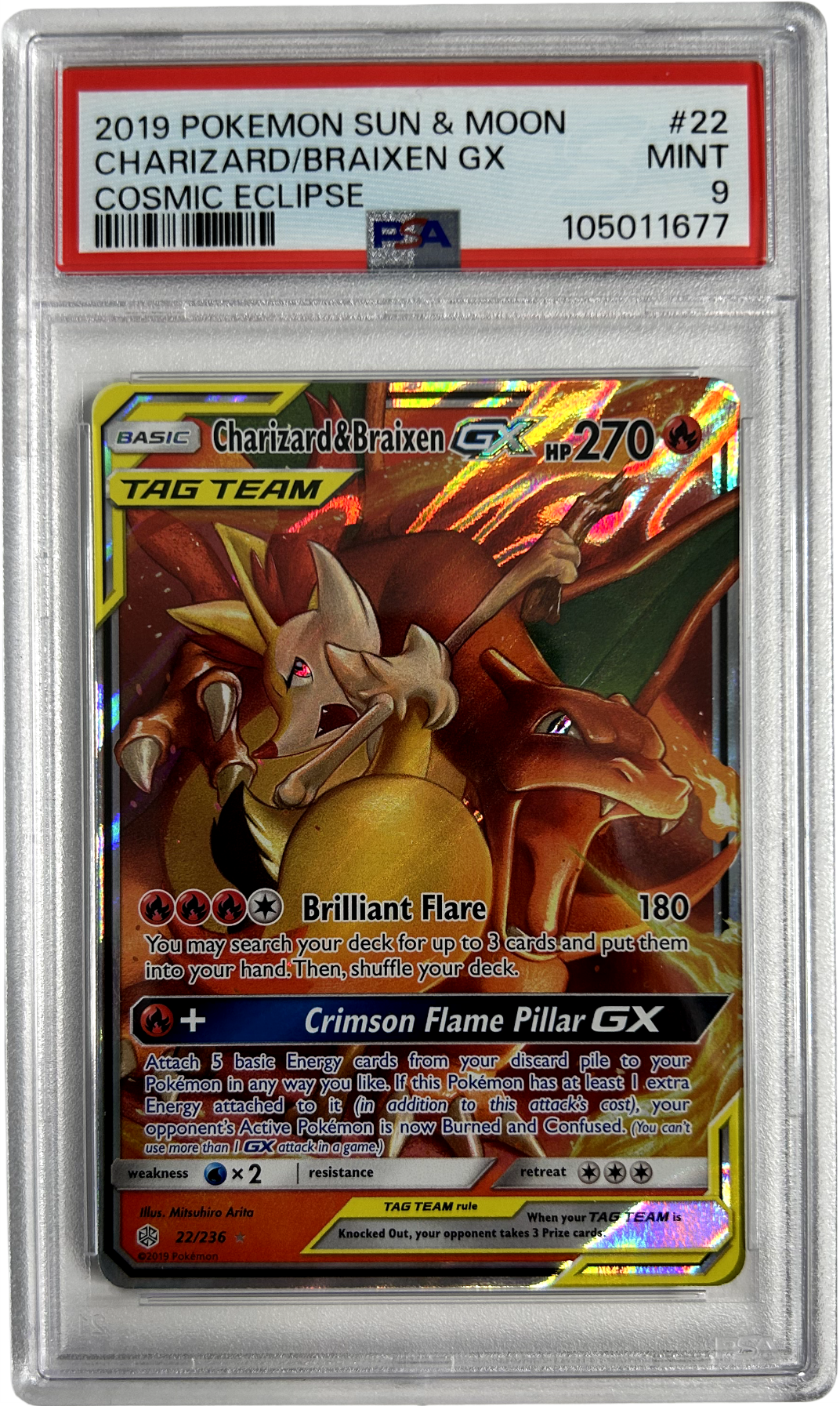 Pokemon - Cosmic Eclipe - Charizard & Braixen GX 22/236 - PSA 9
