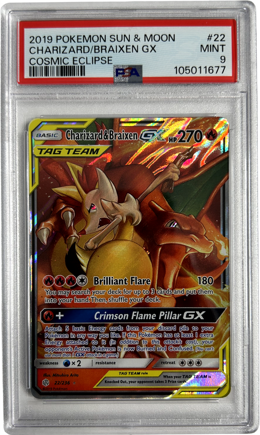 Pokemon - Cosmic Eclipe - Charizard & Braixen GX 22/236 - PSA 9
