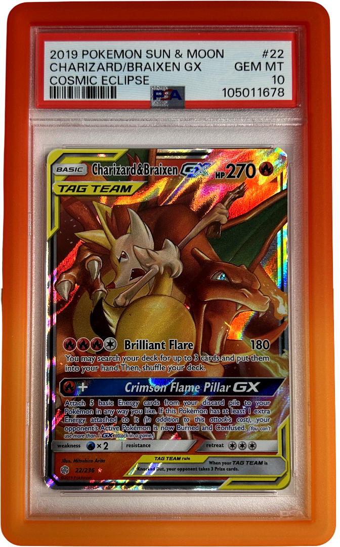 Pokemon - Cosmic Eclipse - Charizard & Braixen Gx 22/236 - PSA 10 - Blaze Bumper Guard
