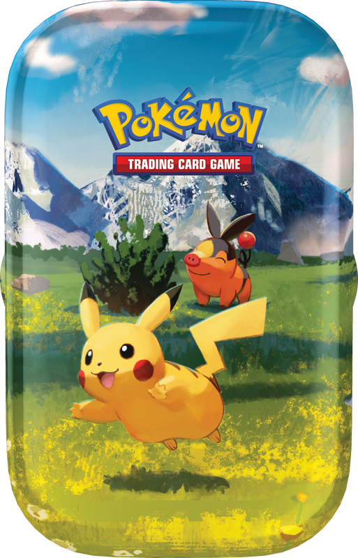 Ascended Heroes Mini Tin with Pikachu and Tepig in a grassy mountain landscape on the front