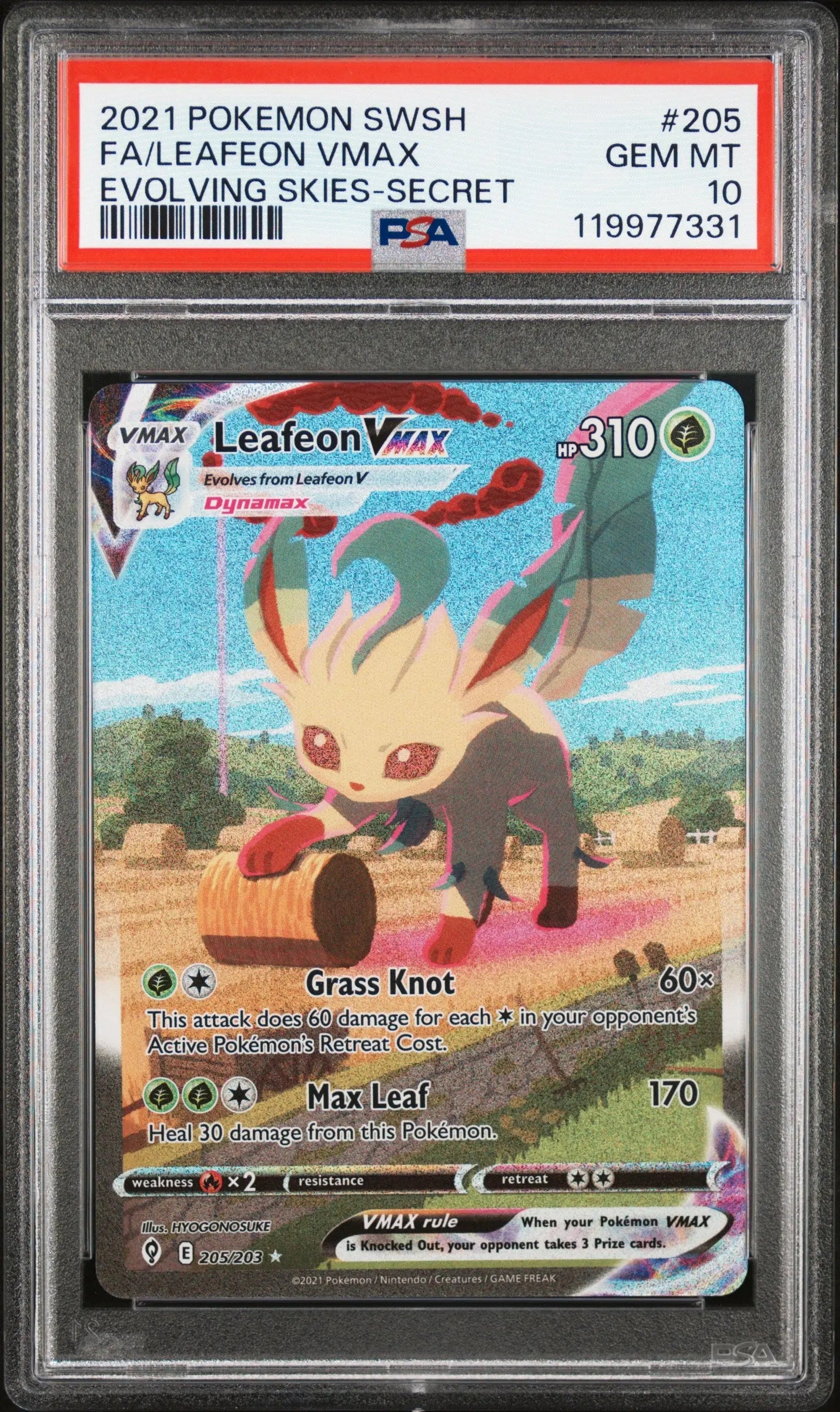 PSA 10 Gem Mint Pokémon TCG Leafeon VMAX 205/203 Evolving Skies Secret Rare Alternate Art English card in graded slab