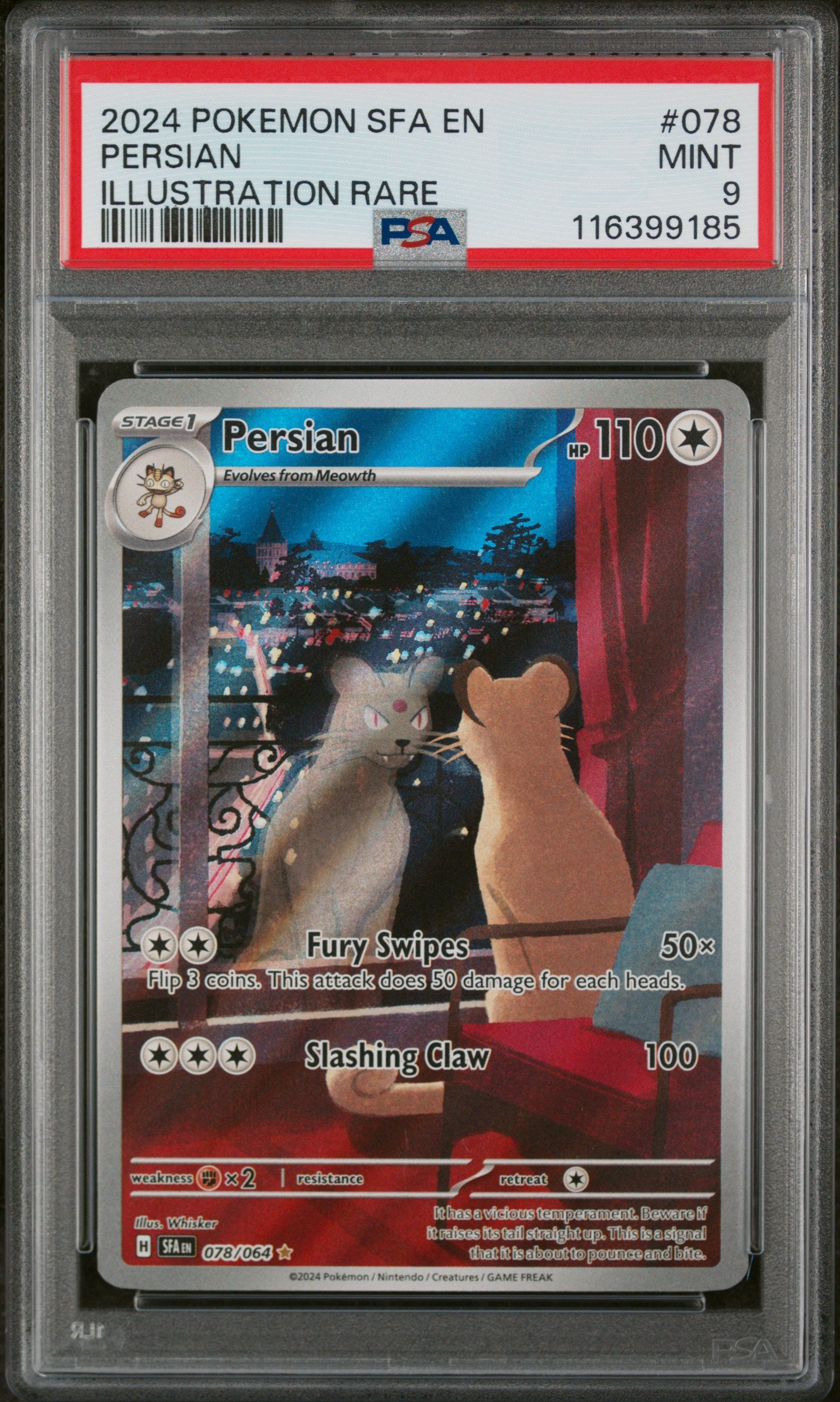 Persian 078/064 Shrouded Fable Illustration Rare PSA 9 Mint graded English Pokémon card from the Scarlet & Violet Series