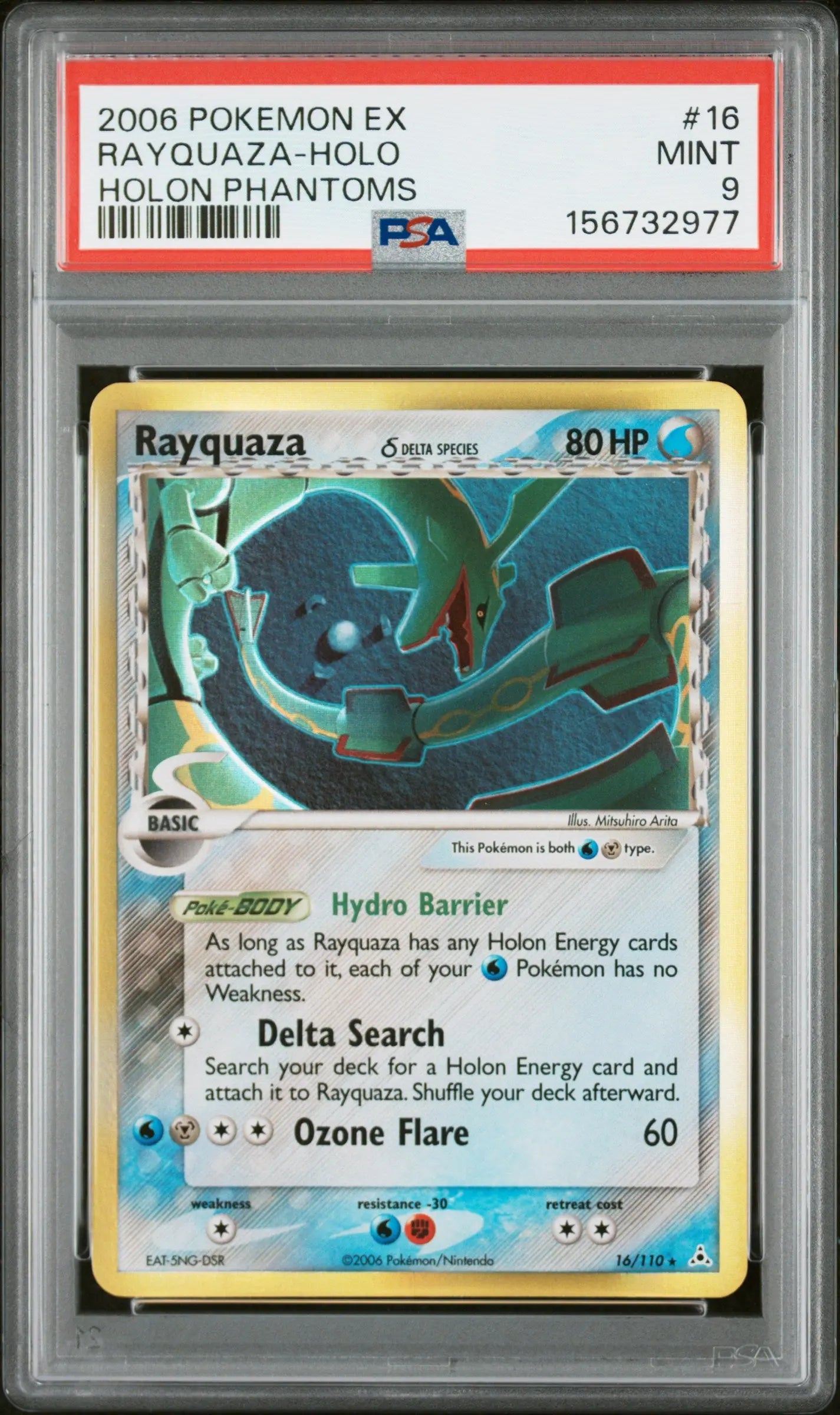 PSA 9 Mint Pokémon TCG Rayquaza 16/110 EX Holon Phantoms Holo Delta Species English card in graded slab
