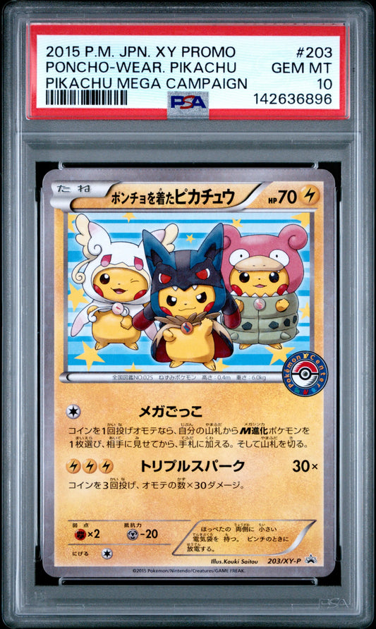 Pokémon TCG Poncho-Wearing Pikachu 203/XY-P Japanese promotional card from the Pikachu Mega Campaign graded PSA 10 Gem Mint featuring multiple Mega Evolution-themed costumes.