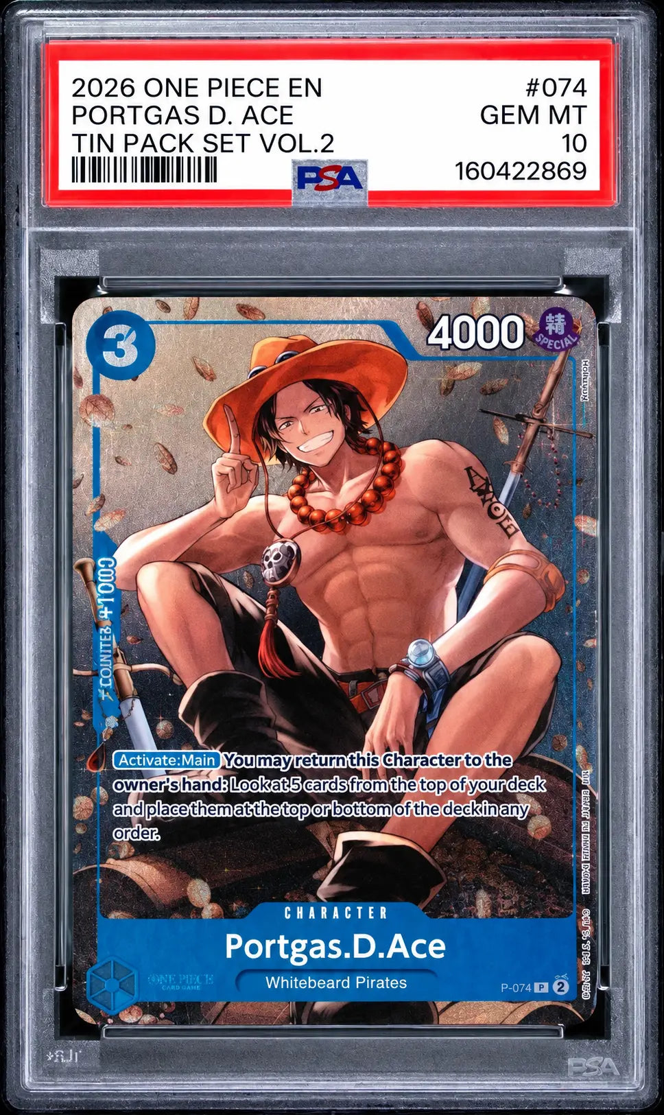 2026 One Piece Portgas D. Ace P-074 Tin Pack Set Vol. 2 PSA 10 cert 160422869