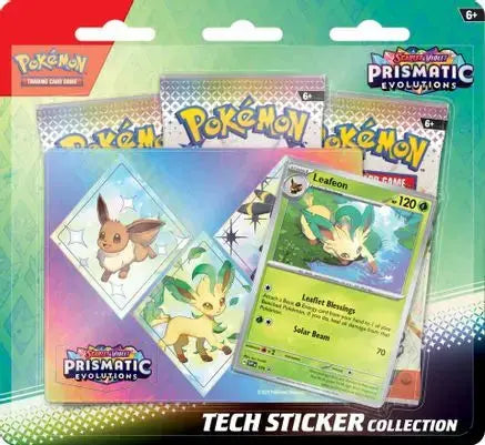 Pokémon TCG Scarlet & Violet Prismatic Evolutions Tech Sticker Collection featuring Leafeon with exclusive promotional content, stickers, booster packs, and factory sealed packaging.