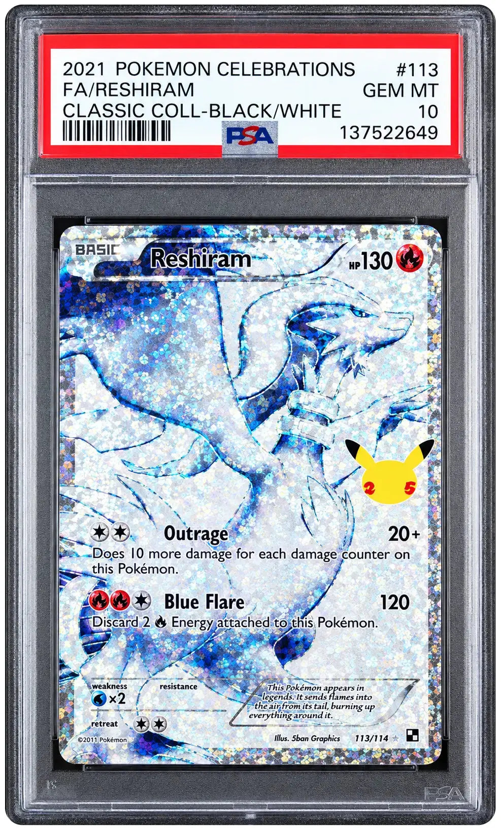 2021 Pokémon Celebrations Reshiram 113/114 Classic Collection PSA 10 cert 137522649