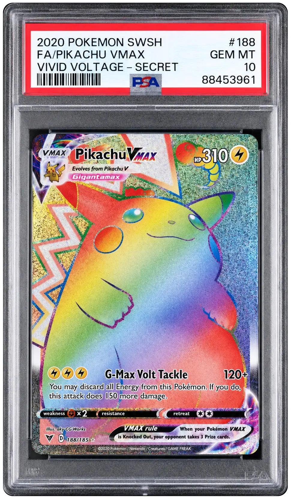 2020 Pokémon Pikachu VMAX 188/185 Vivid Voltage Secret Rare PSA 10 cert 88453961