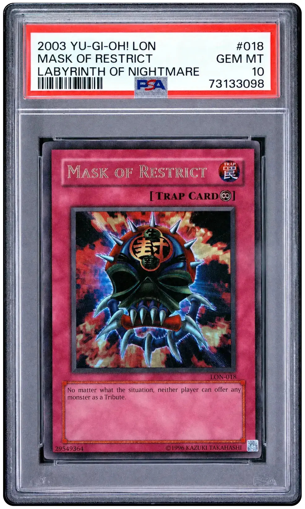 YU-GI-OH - Labyrinth Nightmare - 2003 Mask Of Restrict LON-018 - PSA 10 - POP 12 Squirtle Squad Card Shop.   Squirtle Squad Card Shop.