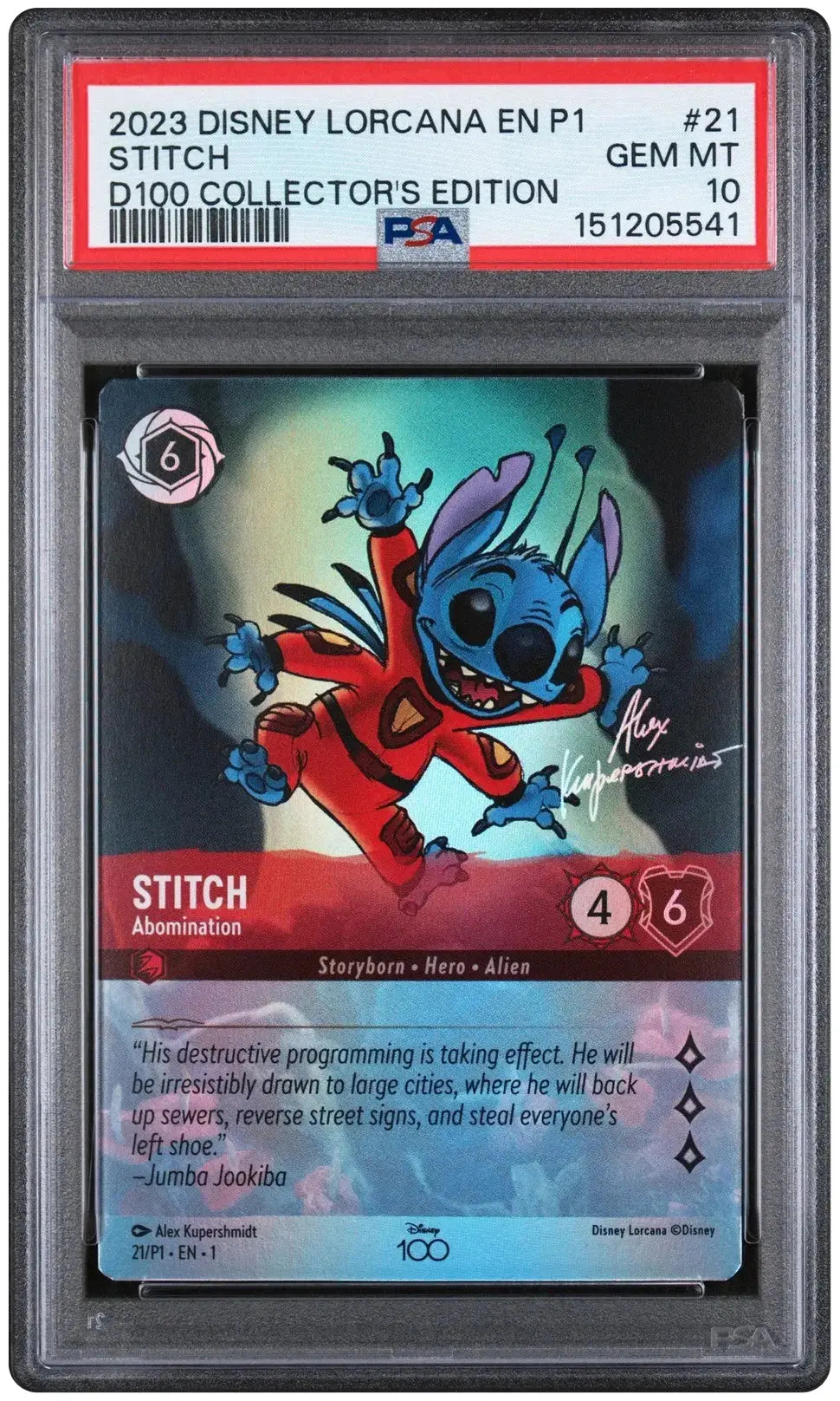 Representative photo of Stitch Abomination Disney100 PSA 10. Photo cert: 151205541. Card offered: cert 106571308.