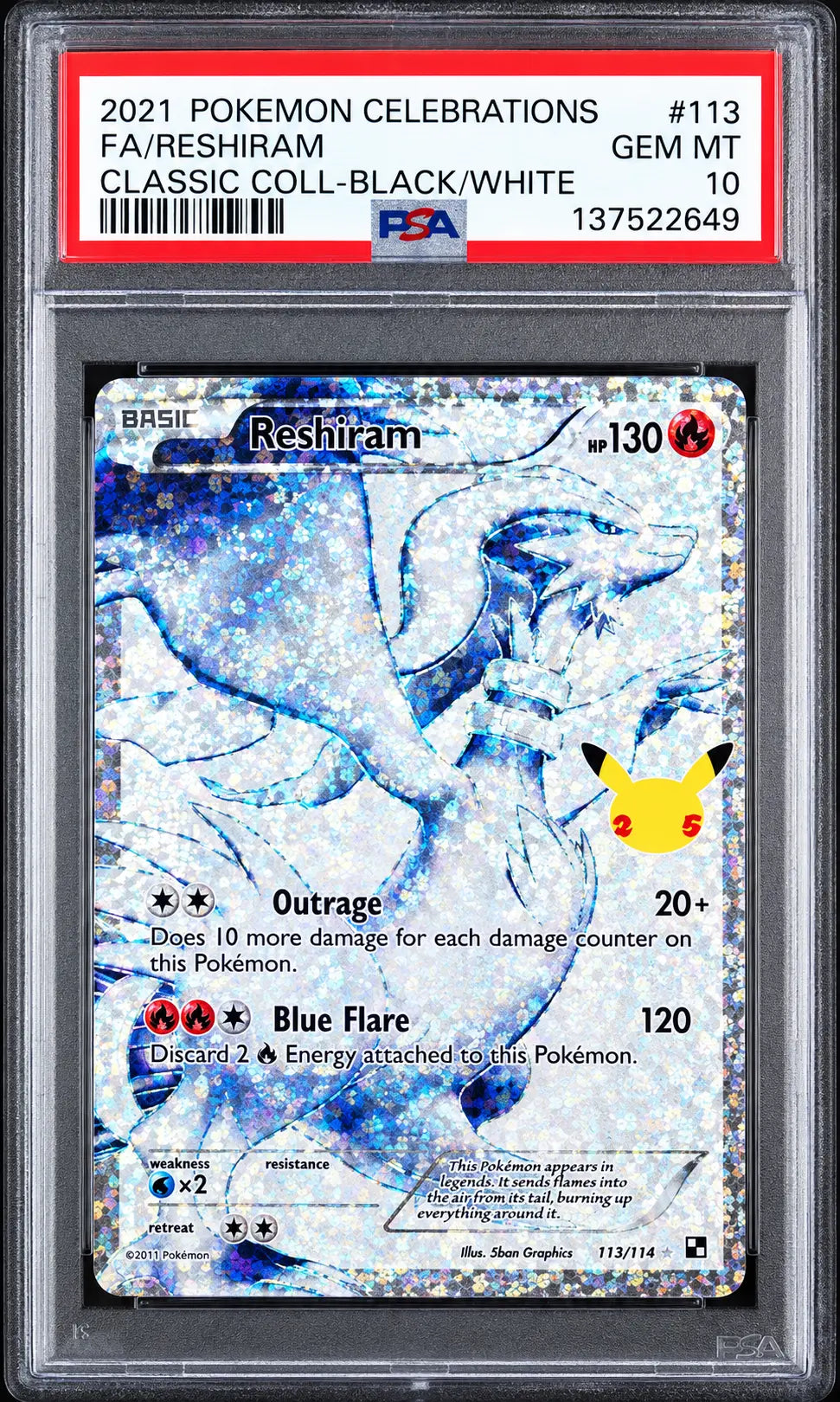 2021 Pokémon Celebrations Reshiram 113/114 Classic Collection PSA 10 cert 137522649