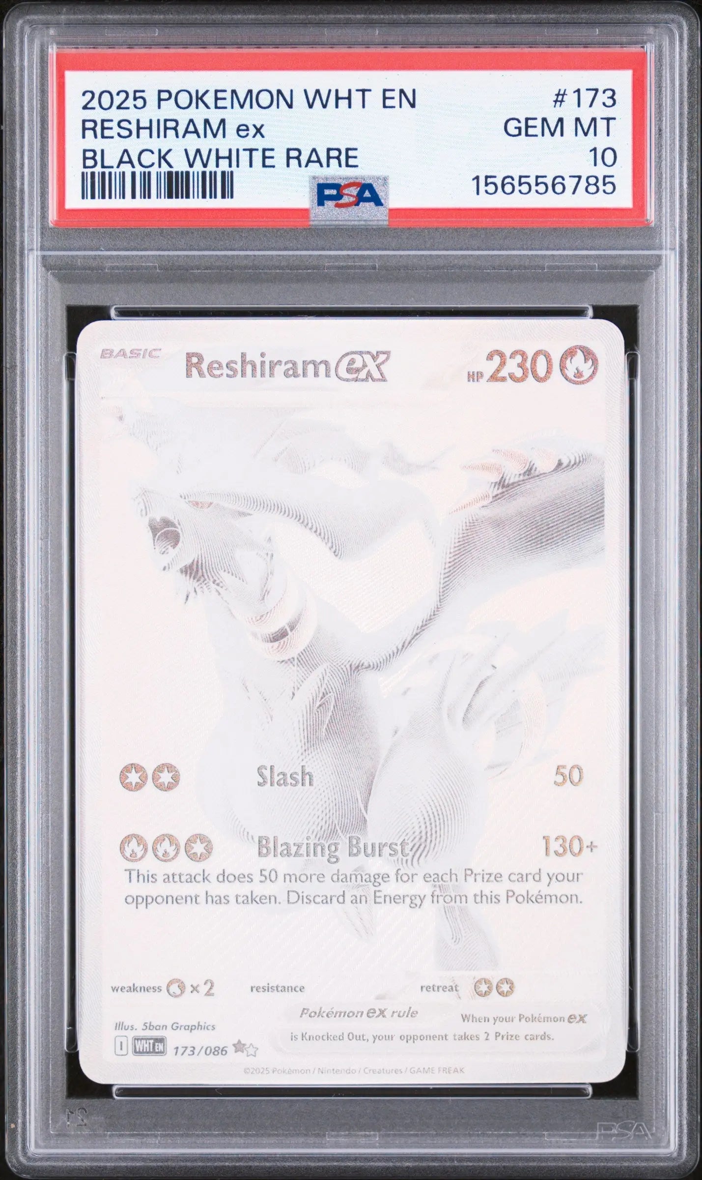 Pokémon TCG Reshiram ex 173/086 Black White Rare PSA 10 GEM MINT graded Legendary Pokémon card featuring premium monochromatic artwork from the Scarlet & Violet era.