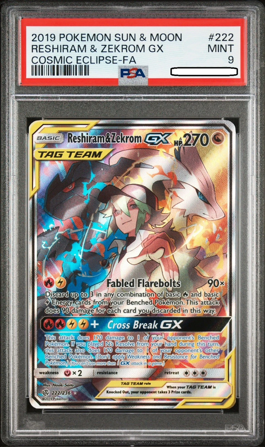 Pokémon TCG – Reshiram & Zekrom GX 222/236 Secret Rare – Cosmic Eclipse – PSA 9 Mint Squirtle Squad Card Shop.   Squirtle Squad Card Shop.