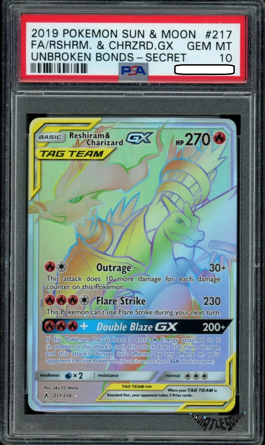 Pokémon TCG – Reshiram & Charizard GX 217/214 Rainbow Rare – Unbroken Bonds Secret Rare – PSA 10 Gem Mint - Squirtle Squad Card Shop.