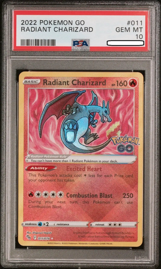 Pokémon - Pokémon GO - Radiant Charizard 011/078 - PSA 10 Gem Mint Holo Squirtle Squad Card Shop.   Squirtle Squad Card Shop.