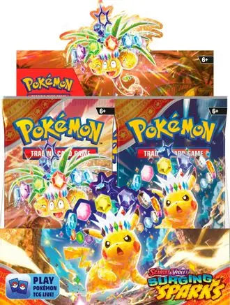 Factory sealed Pokémon TCG Scarlet & Violet Surging Sparks Booster Box containing 36 booster packs featuring modern Pokémon chase cards, Illustration Rares, and premium collectibles.