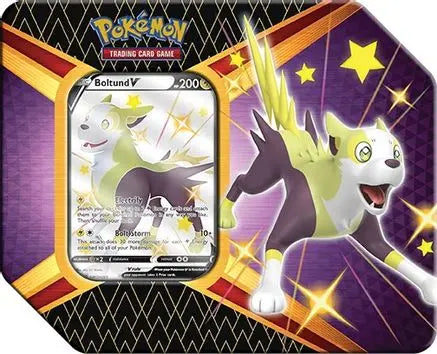 Factory sealed Pokémon TCG Shining Fates V Tin featuring Boltund V promo card, Shining Fates booster packs, and collectible metal tin packaging.