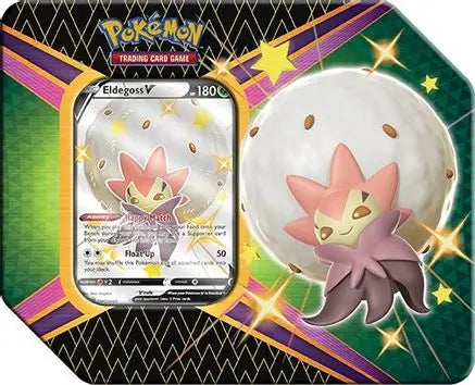 Factory sealed Pokémon TCG Shining Fates V Tin featuring Eldegoss V promo card, Shining Fates booster packs, and collectible metal tin packaging.
