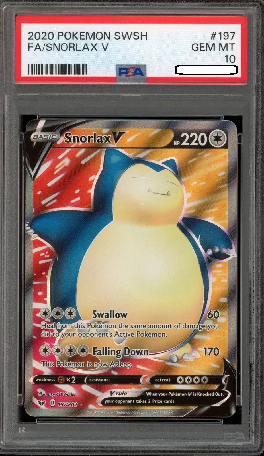 Pokémon TCG – Snorlax V 197/202 Full Art – Sword & Shield – PSA 10 Gem Mint