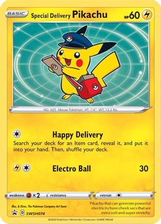 Pokémon TCG Special Delivery Pikachu SWSH074 Holofoil Sword and Shield Black Star Promo Card Raw Collectible Pokémon Card
