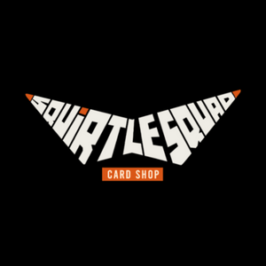 SquirtleSquad Card Shop Halloween logo in warm white and orange on black