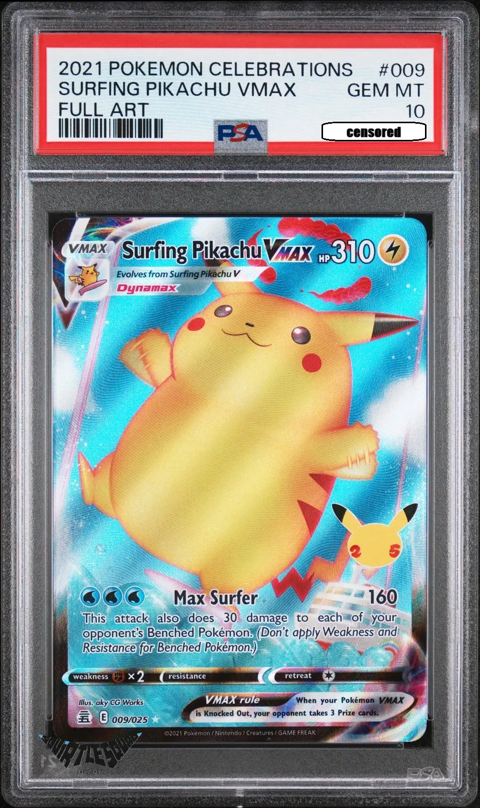 Pokémon TCG – Surfing Pikachu VMAX 009/025 – Celebrations Full Art – PSA 10 Gem Mint – 2021 Squirtle Squad Card Shop.   Squirtle Squad Card Shop.