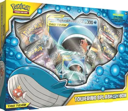 Factory sealed Pokémon TCG Towering Splash GX Box featuring Magikarp & Wailord GX promo cards, jumbo collectible card, booster packs, and premium Sun & Moon packaging.