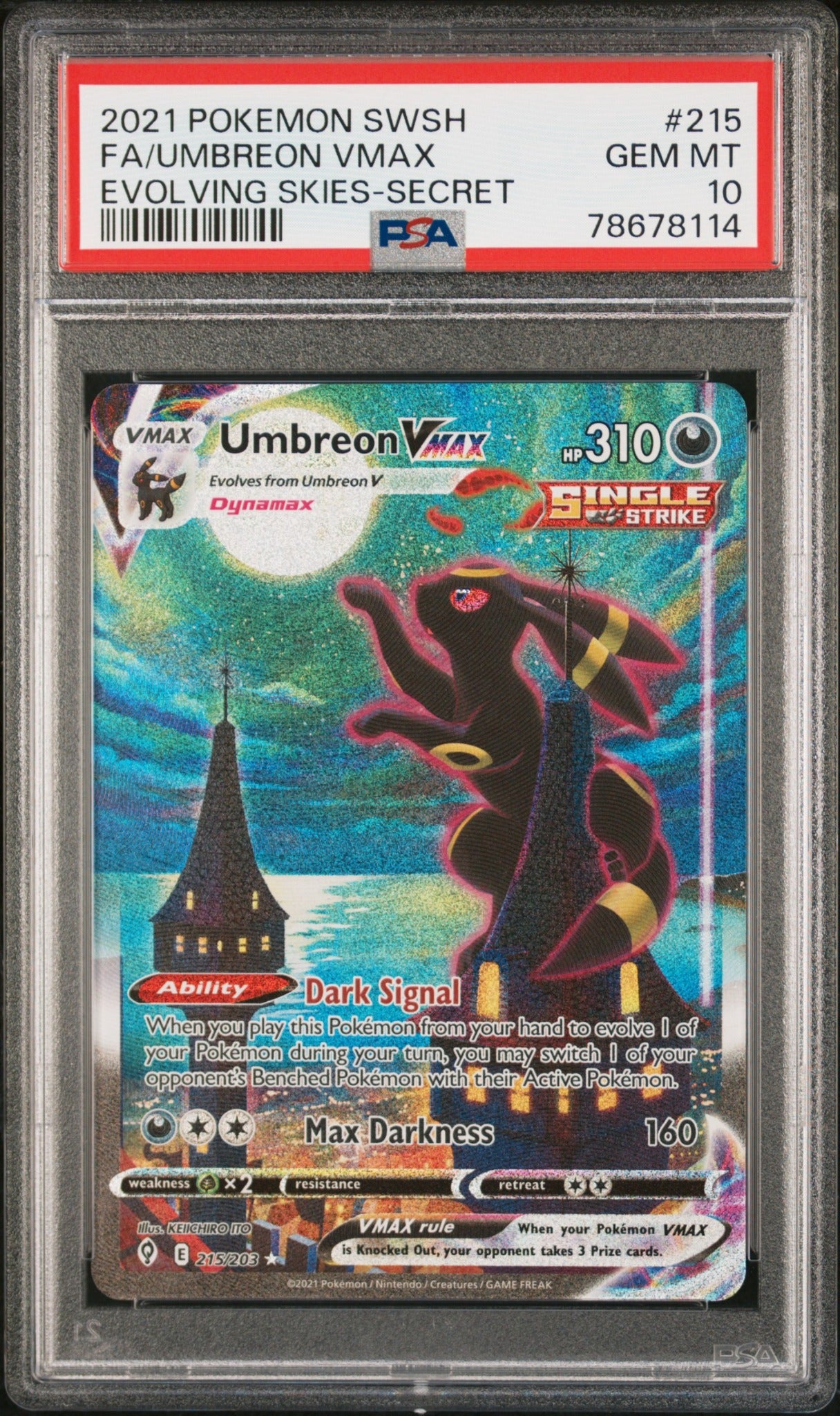 2021 Umbreon VMAX Full Art 215/203 Evolving Skies Secret Rare PSA 10, certification 78678114