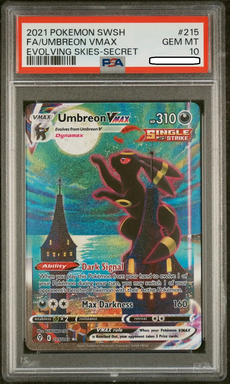 Pokémon TCG – Umbreon VMAX 215/203 Secret Rare Alternate Art – Evolving Skies – PSA 10 Gem Mint (Card Aura Case)