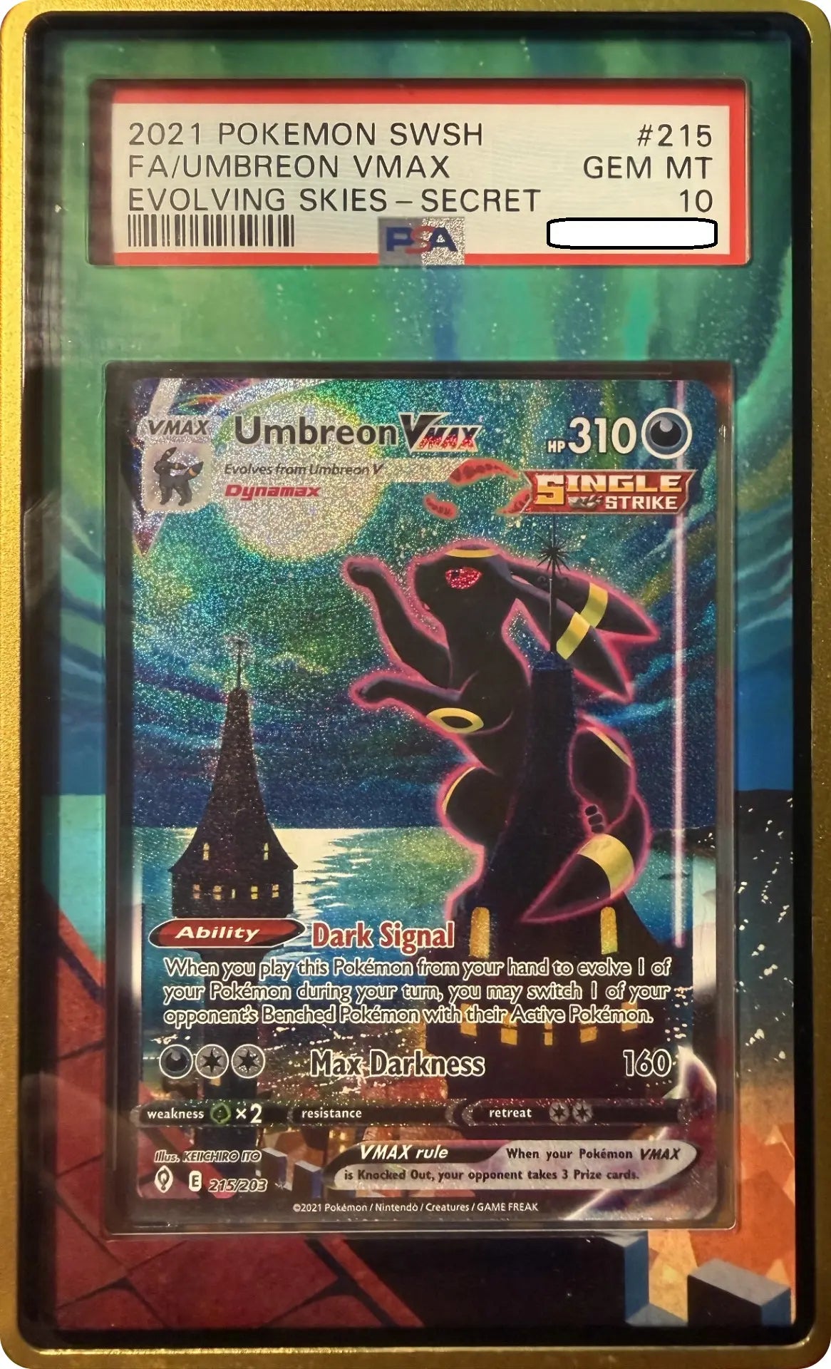Pokémon TCG – Umbreon VMAX 215/203 Secret Rare Alternate Art – Evolving Skies – PSA 10 Gem Mint (Card Aura Case)