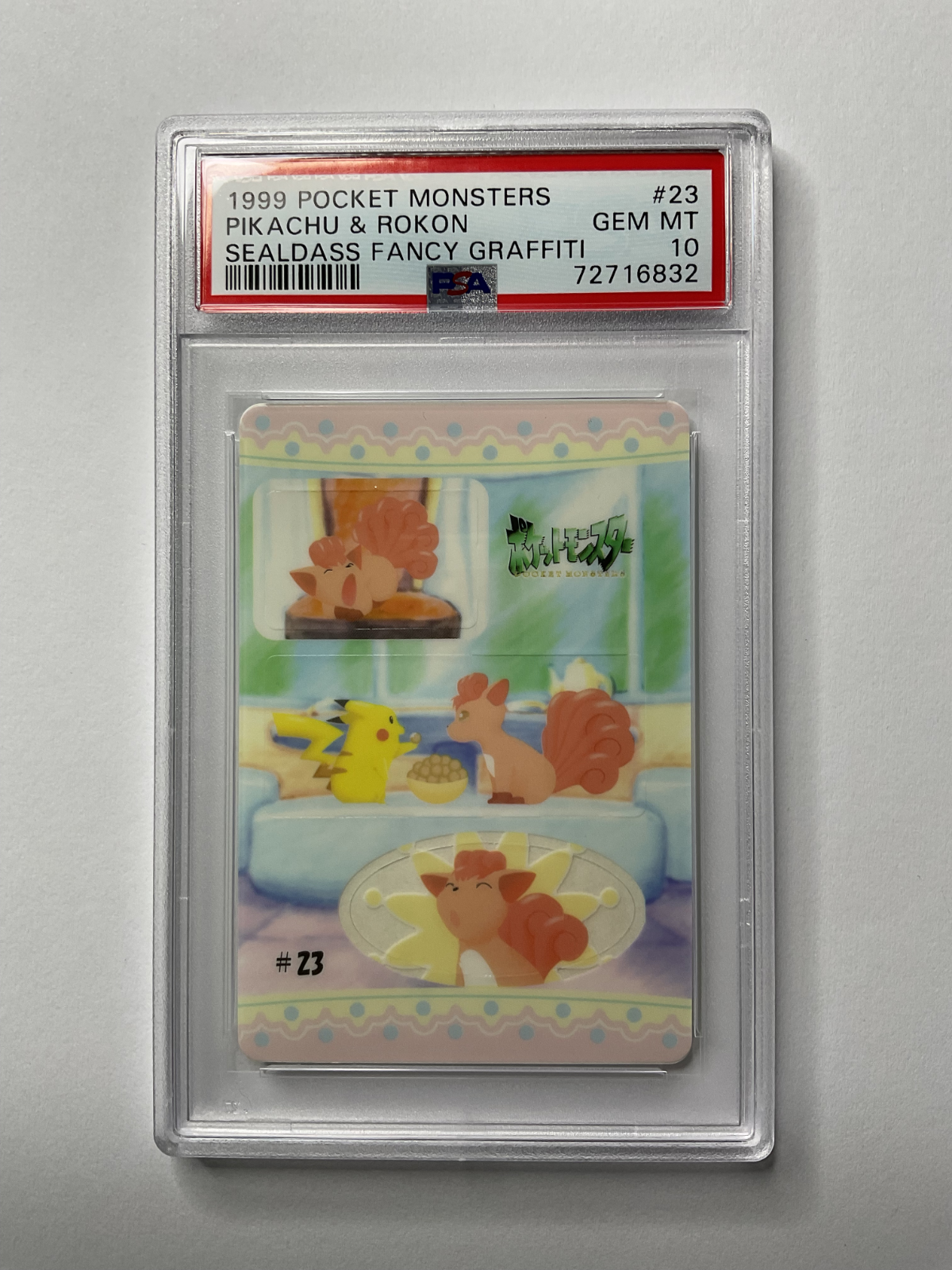 1999 Pocket Monsters Sealdass Fancy Graffiti Pikachu & Rokon #23 PSA 10 POP 9